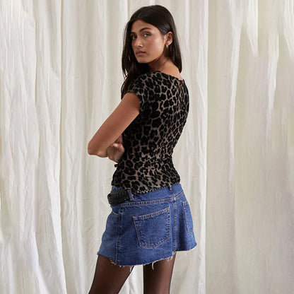 Leopard Print Flocked Mesh Top with Cap Sleeves