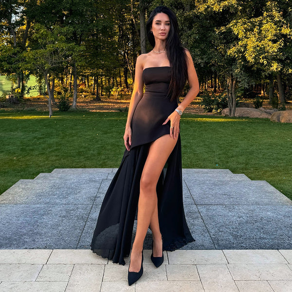 Strapless Maxi Dress with High Slit and Gauze Stitching
