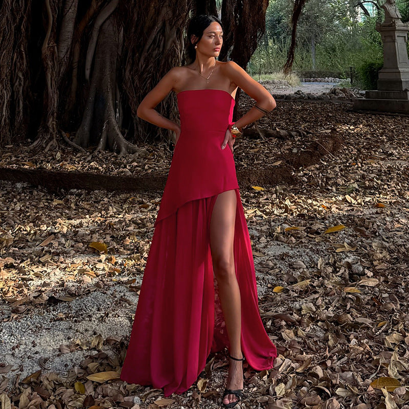 Strapless Maxi Dress with High Slit and Gauze Stitching