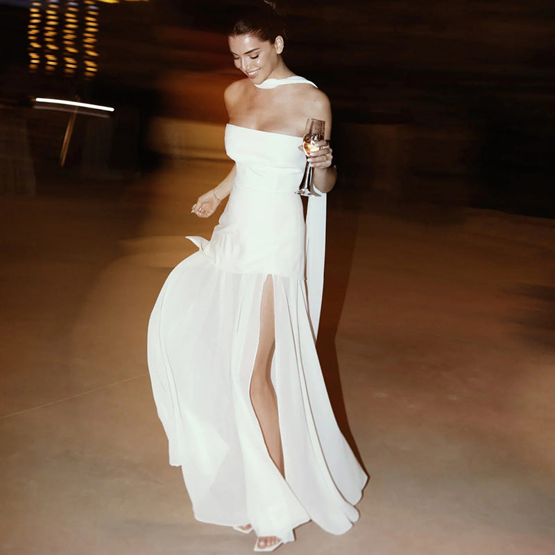 Strapless Maxi Dress with High Slit and Gauze Stitching