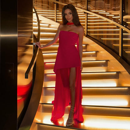 Strapless Maxi Dress with High Slit and Gauze Stitching