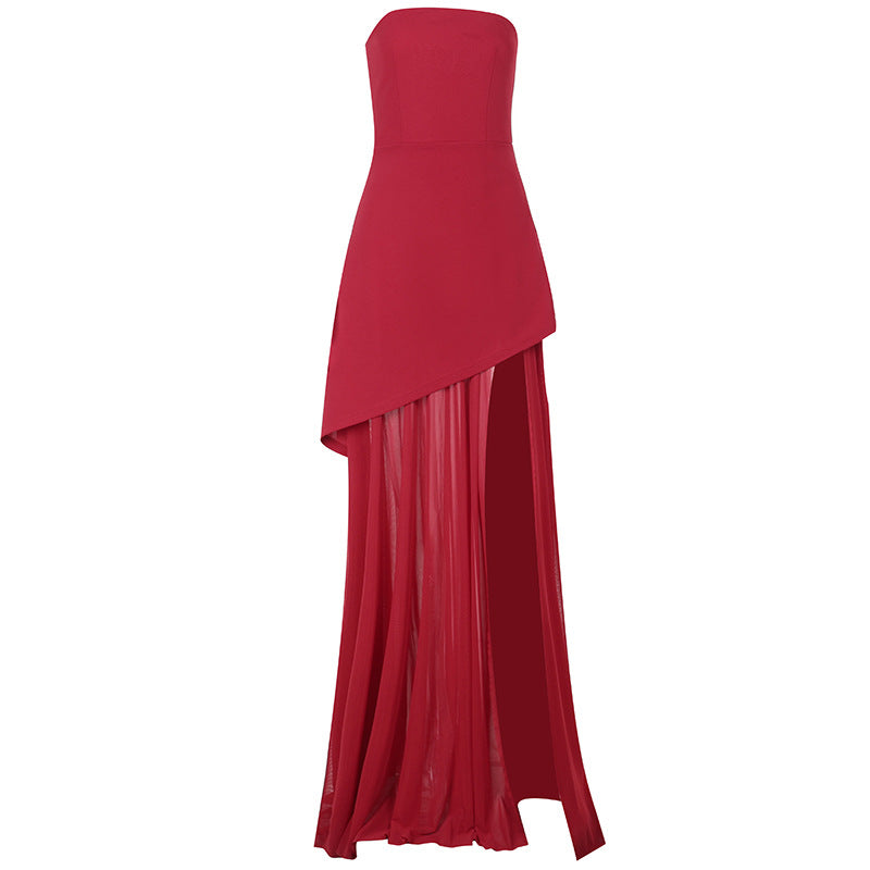 Strapless Maxi Dress with High Slit and Gauze Stitching