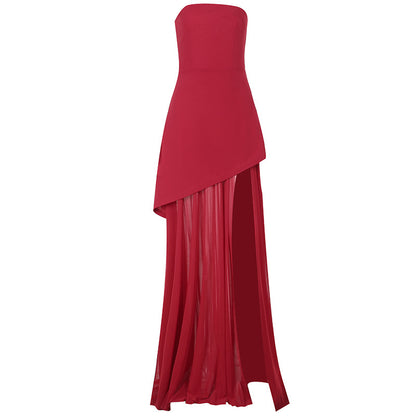 Strapless Maxi Dress with High Slit and Gauze Stitching