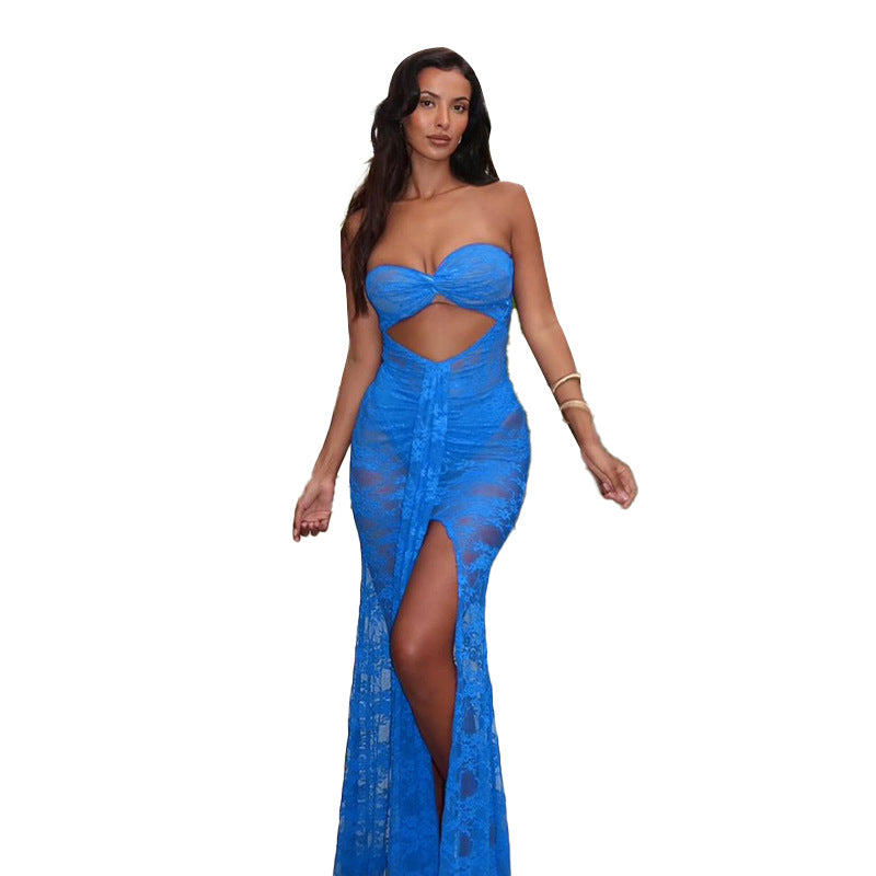 Lace Bodycon Maxi Dress with Cut-Out and High Slit