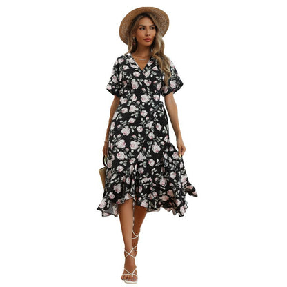 Floral Print Wrap Midi Dress with V-Neck and High-Low Hem