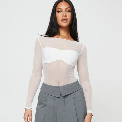 Sheer Mesh Bodycon Top with Ruched Bust and Long Sleeves