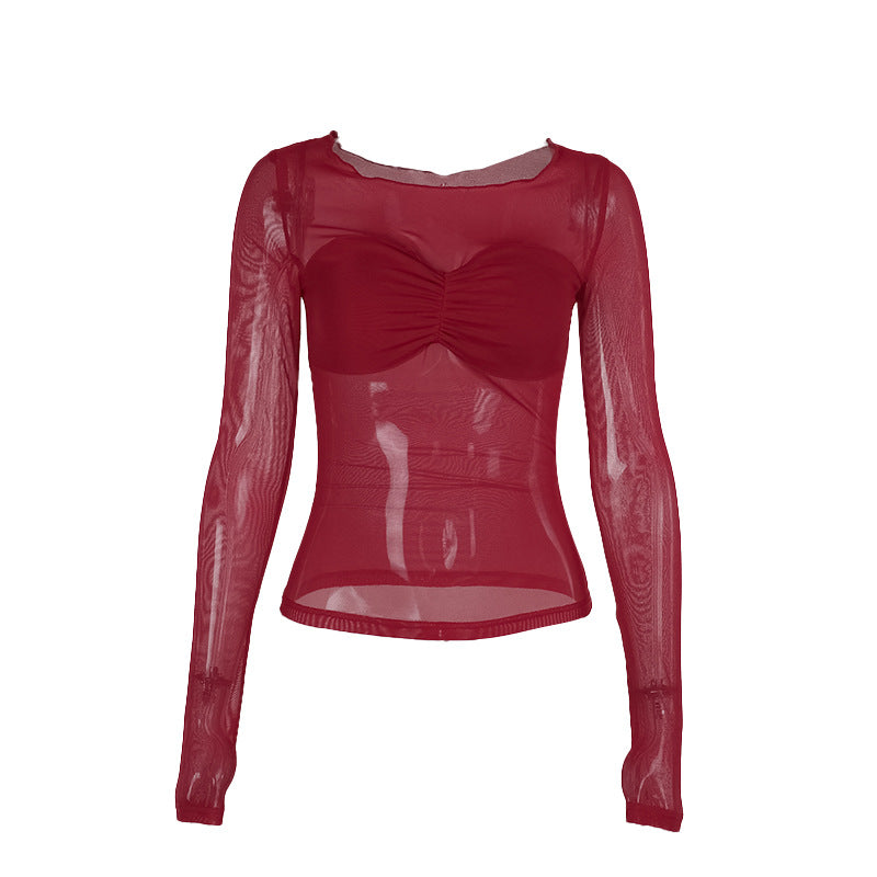 Sheer Mesh Bodycon Top with Ruched Bust and Long Sleeves