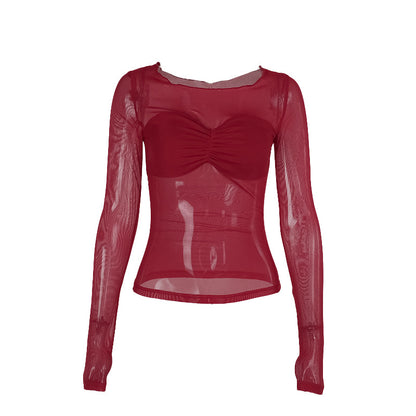 Sheer Mesh Bodycon Top with Ruched Bust and Long Sleeves