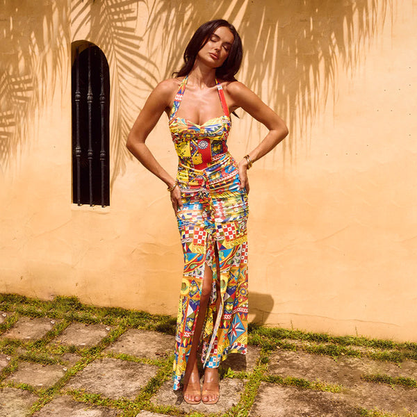 Geometric Print Halter Maxi Dress with Front Slit