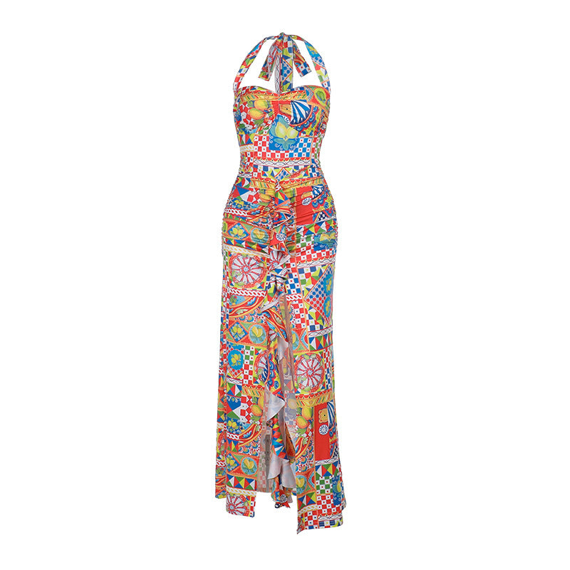 Geometric Print Halter Maxi Dress with Front Slit