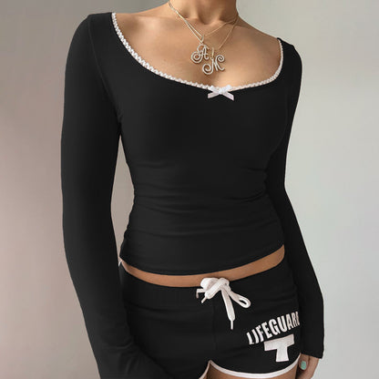 Bodycon Long Sleeve Top with Lace-Trimmed U-Neck and Bow Detail
