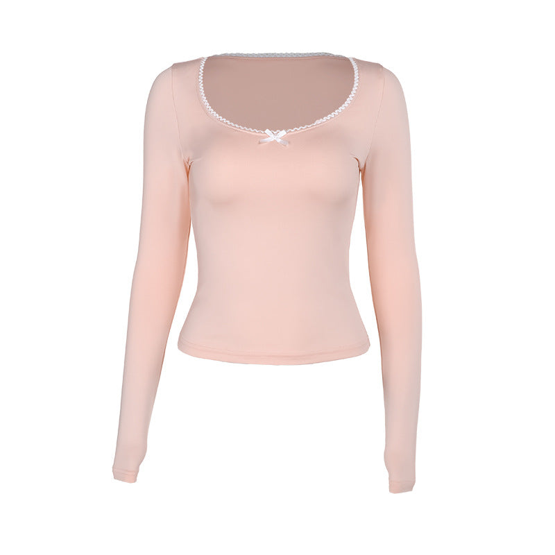 Bodycon Long Sleeve Top with Lace-Trimmed U-Neck and Bow Detail
