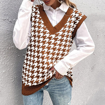 Oversized Houndstooth Knitted Vest with V-Neck
