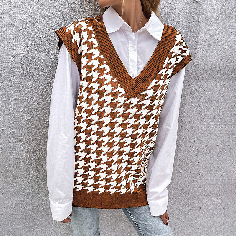 Oversized Houndstooth Knitted Vest with V-Neck