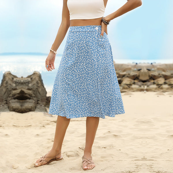 Floral A-Line Midi Skirt with High-Waist and Button Detail
