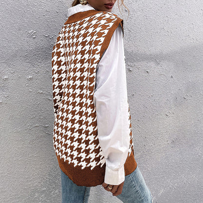 Oversized Houndstooth Knitted Vest with V-Neck