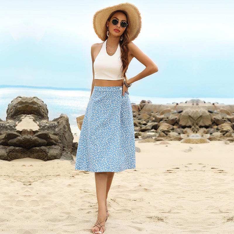 Floral A-Line Midi Skirt with High-Waist and Button Detail