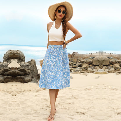 Floral A-Line Midi Skirt with High-Waist and Button Detail