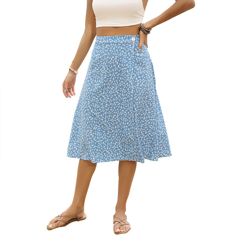 Floral A-Line Midi Skirt with High-Waist and Button Detail