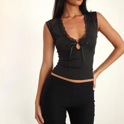 Slim Fit Cap Sleeve Top with Floral Lace and Tie-Front Detail