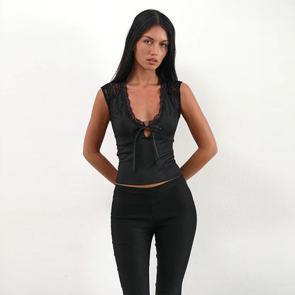 Slim Fit Cap Sleeve Top with Floral Lace and Tie-Front Detail