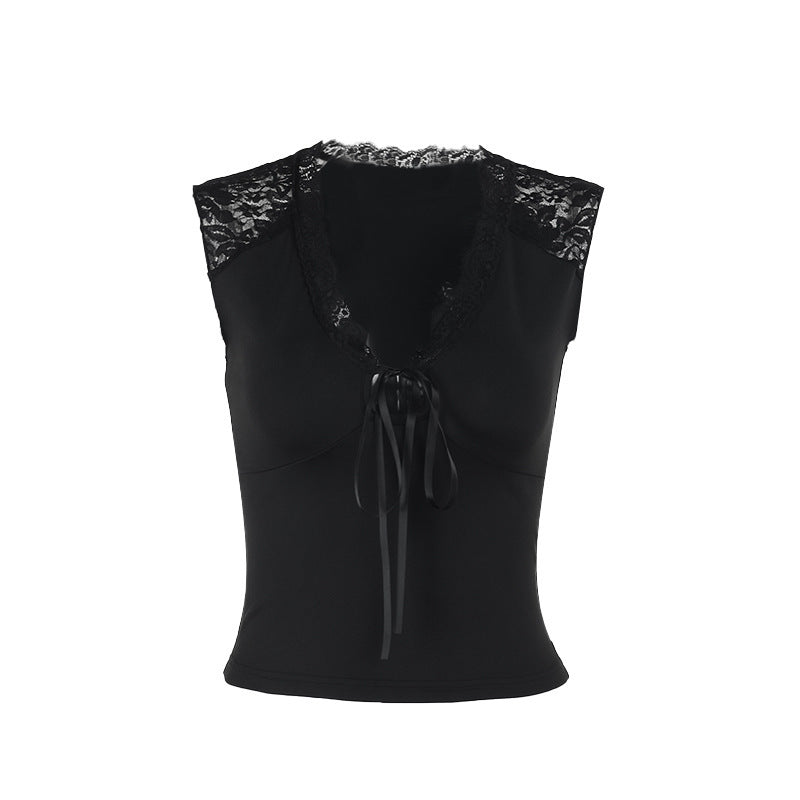 Slim Fit Cap Sleeve Top with Floral Lace and Tie-Front Detail