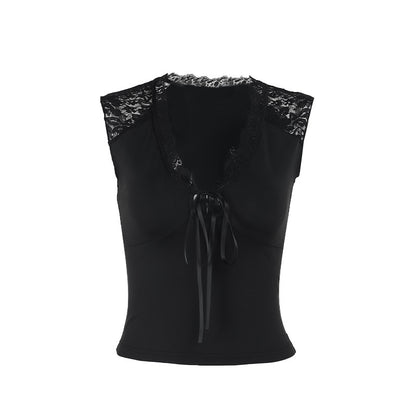 Slim Fit Cap Sleeve Top with Floral Lace and Tie-Front Detail