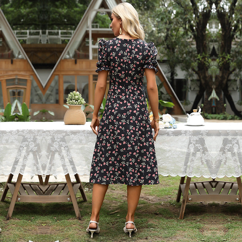 Floral A-Line Midi Dress with V-Neck and Puff Sleeves