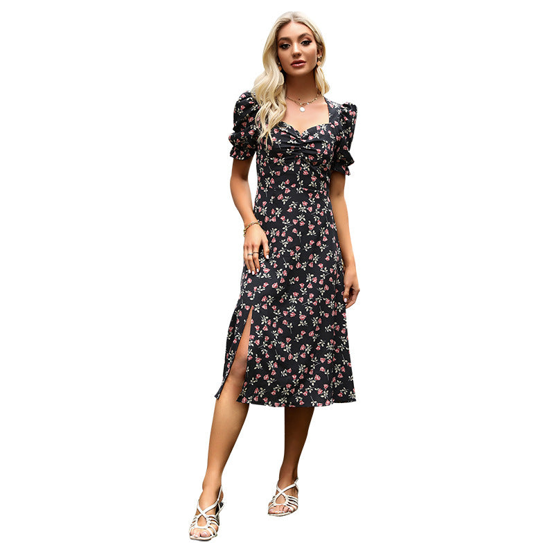Floral A-Line Midi Dress with V-Neck and Puff Sleeves