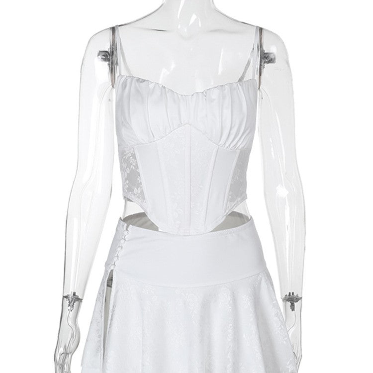 Lace Patchwork Corset Top and High-Waist Split Mini Skirt