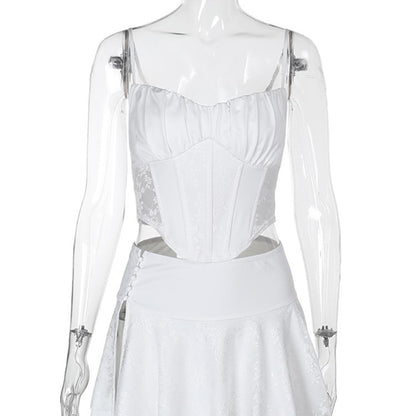 Lace Patchwork Corset Top and High-Waist Split Mini Skirt