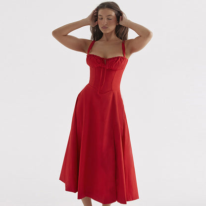 Solid A-Line Maxi Dress with Corset Bodice and Ruched Bust