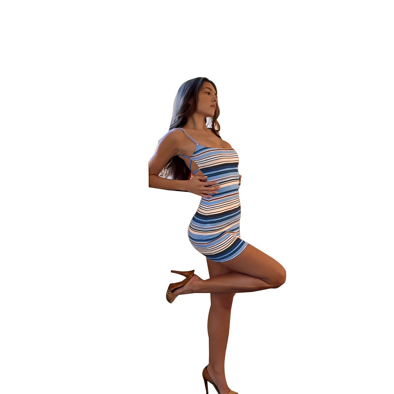 Striped Knitted Bodycon Mini Dress with Spaghetti Straps