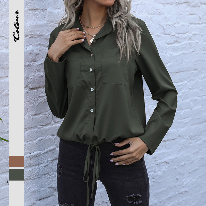Solid Button-Down Shirt with Drawstring Hem and Chest Pockets