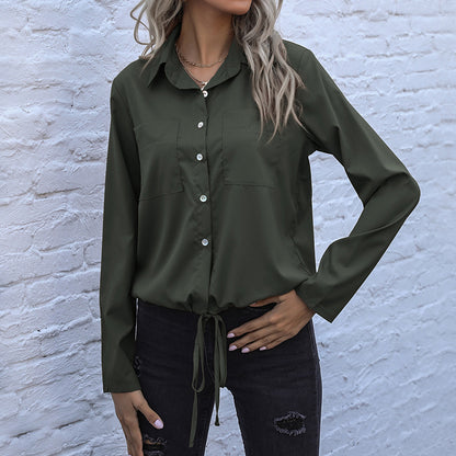 Solid Button-Down Shirt with Drawstring Hem and Chest Pockets