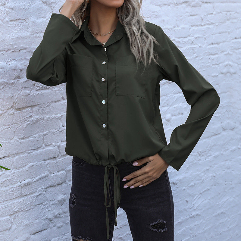 Solid Button-Down Shirt with Drawstring Hem and Chest Pockets