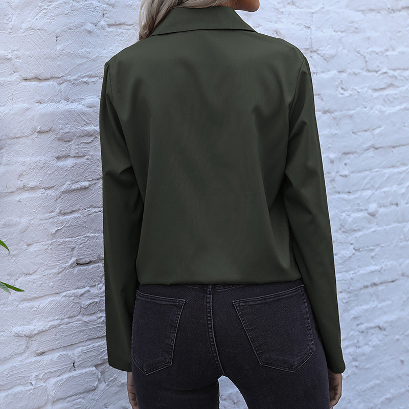 Solid Button-Down Shirt with Drawstring Hem and Chest Pockets