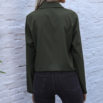 Solid Button-Down Shirt with Drawstring Hem and Chest Pockets