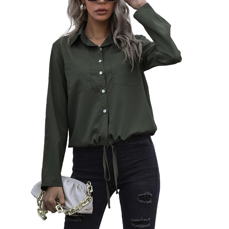 Solid Button-Down Shirt with Drawstring Hem and Chest Pockets