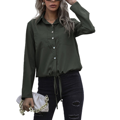 Solid Button-Down Shirt with Drawstring Hem and Chest Pockets