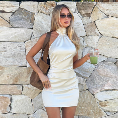 Satin Bodycon Mini Dress with Halter Neck and Ruched Detail