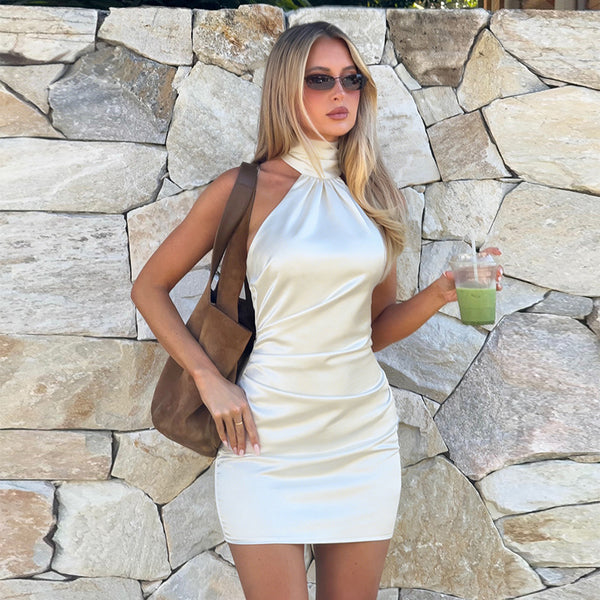 Satin Bodycon Mini Dress with Halter Neck and Ruched Detail