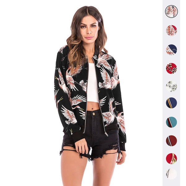 Flying Crane Print Baseball Jacket with Zip Front