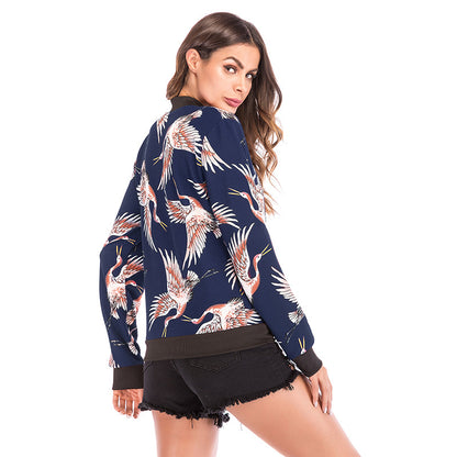 Flying Crane Print Baseball Jacket with Zip Front