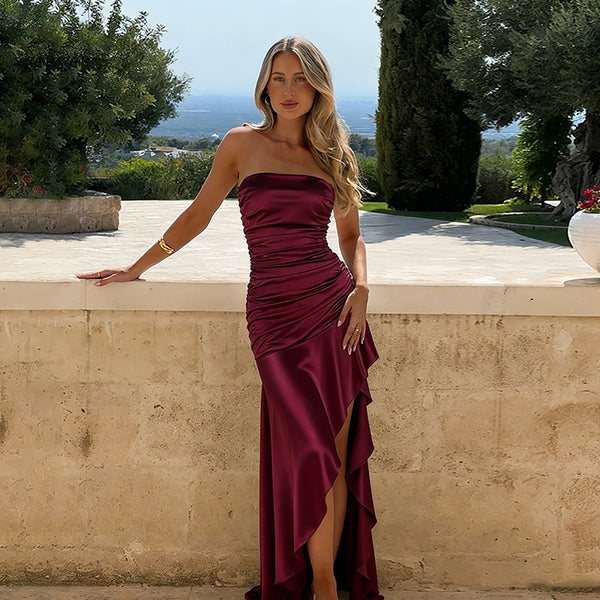 Strapless Ruched Satin Maxi Dress with Asymmetrical Ruffle Hem