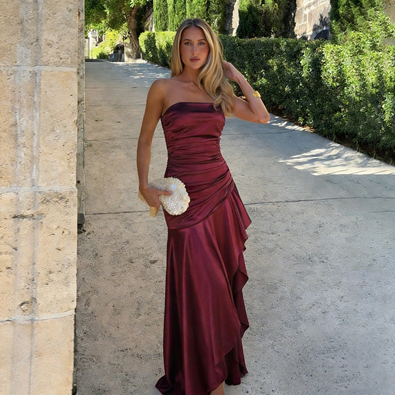 Strapless Ruched Satin Maxi Dress with Asymmetrical Ruffle Hem
