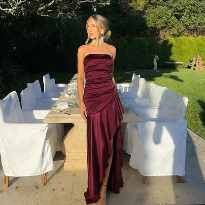 Strapless Ruched Satin Maxi Dress with Asymmetrical Ruffle Hem