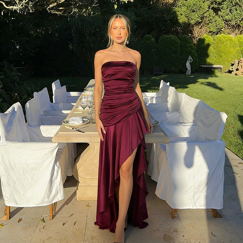 Strapless Ruched Satin Maxi Dress with Asymmetrical Ruffle Hem