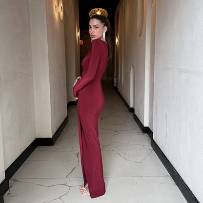 Long-Sleeve Bodycon Maxi Dress with Cutout and Ruched Ring Detail
