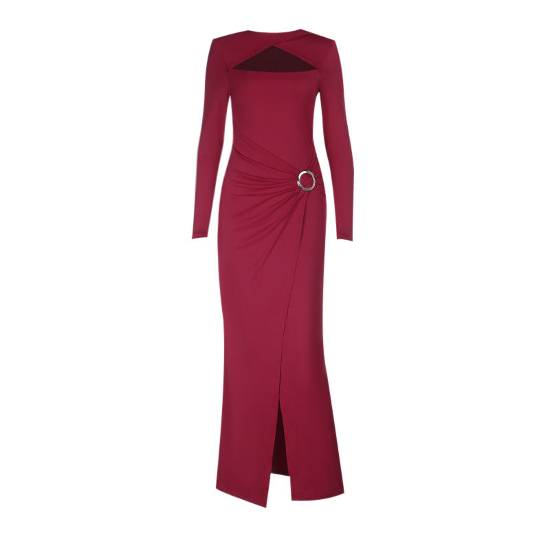 Long-Sleeve Bodycon Maxi Dress with Cutout and Ruched Ring Detail